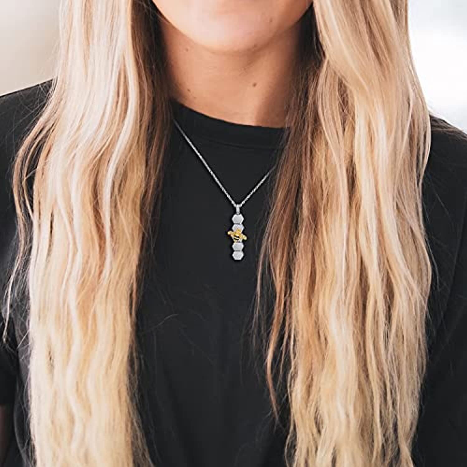 Sterling Silver Two-tone Circular Shaped Cubic Zirconia Bee & Honeycomb Urn Necklace for Ashes