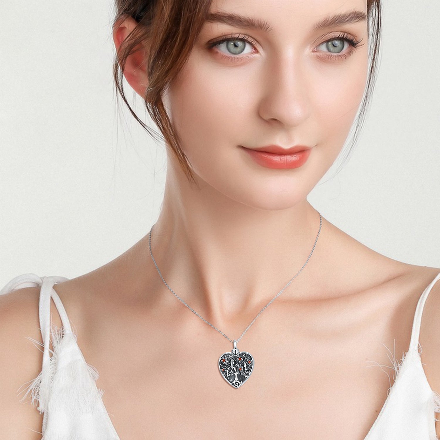Sterling Silver Two-tone Circular Shaped Cubic Zirconia Bird & Tree Of Life Urn Necklace for Ashes