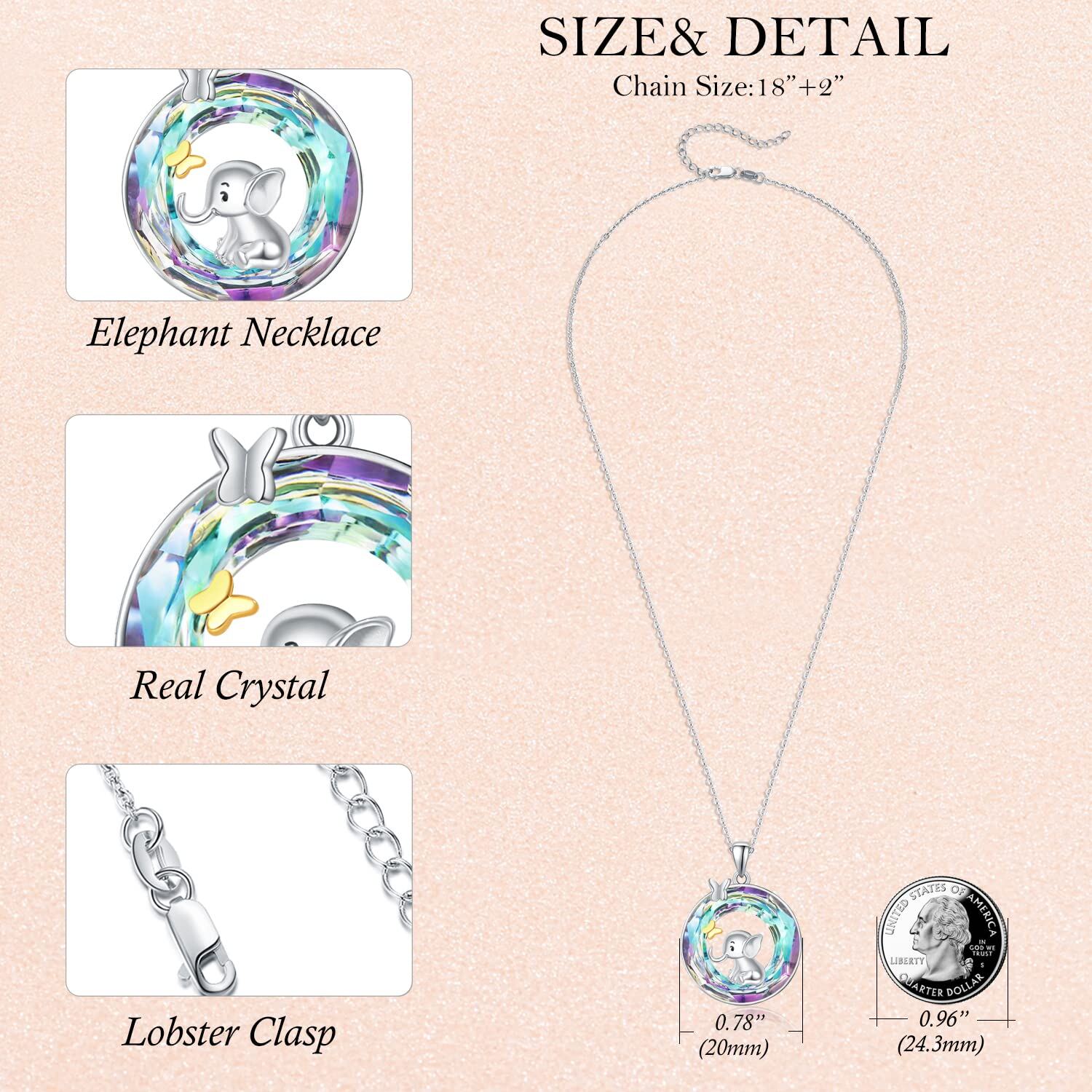 Sterling Silver Two-tone Circular Shaped Butterfly & Elephant Crystal Pendant Necklace