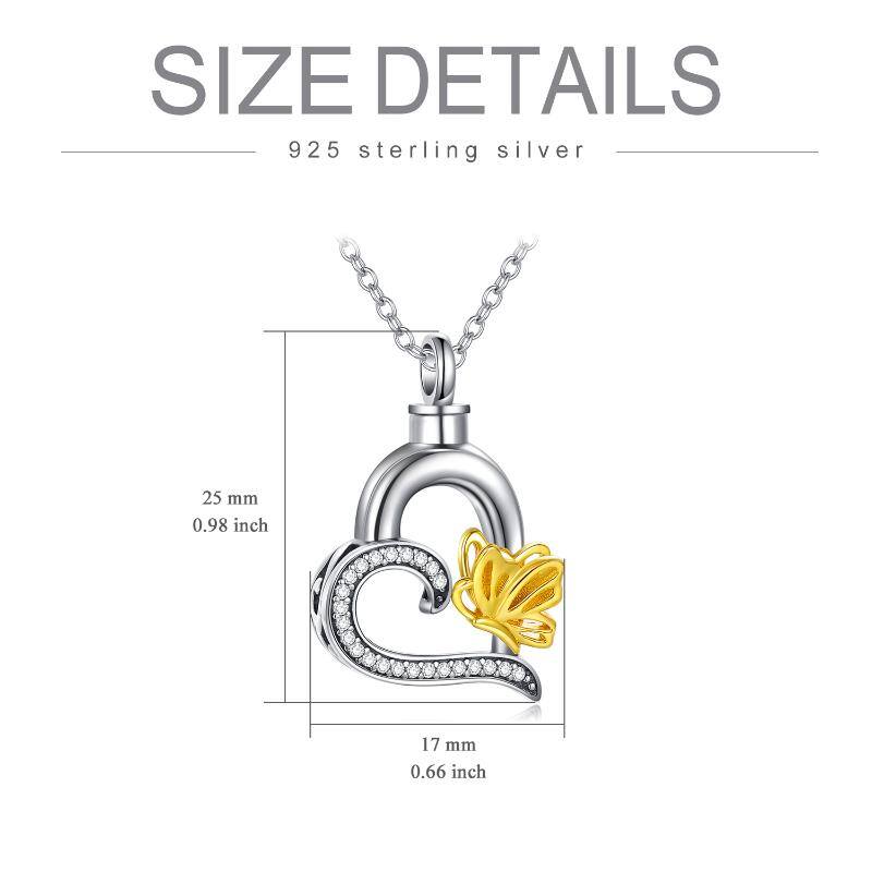 Sterling Silver Two-tone Circular Shaped Cubic Zirconia Butterfly & Heart Urn Necklace for Ashes