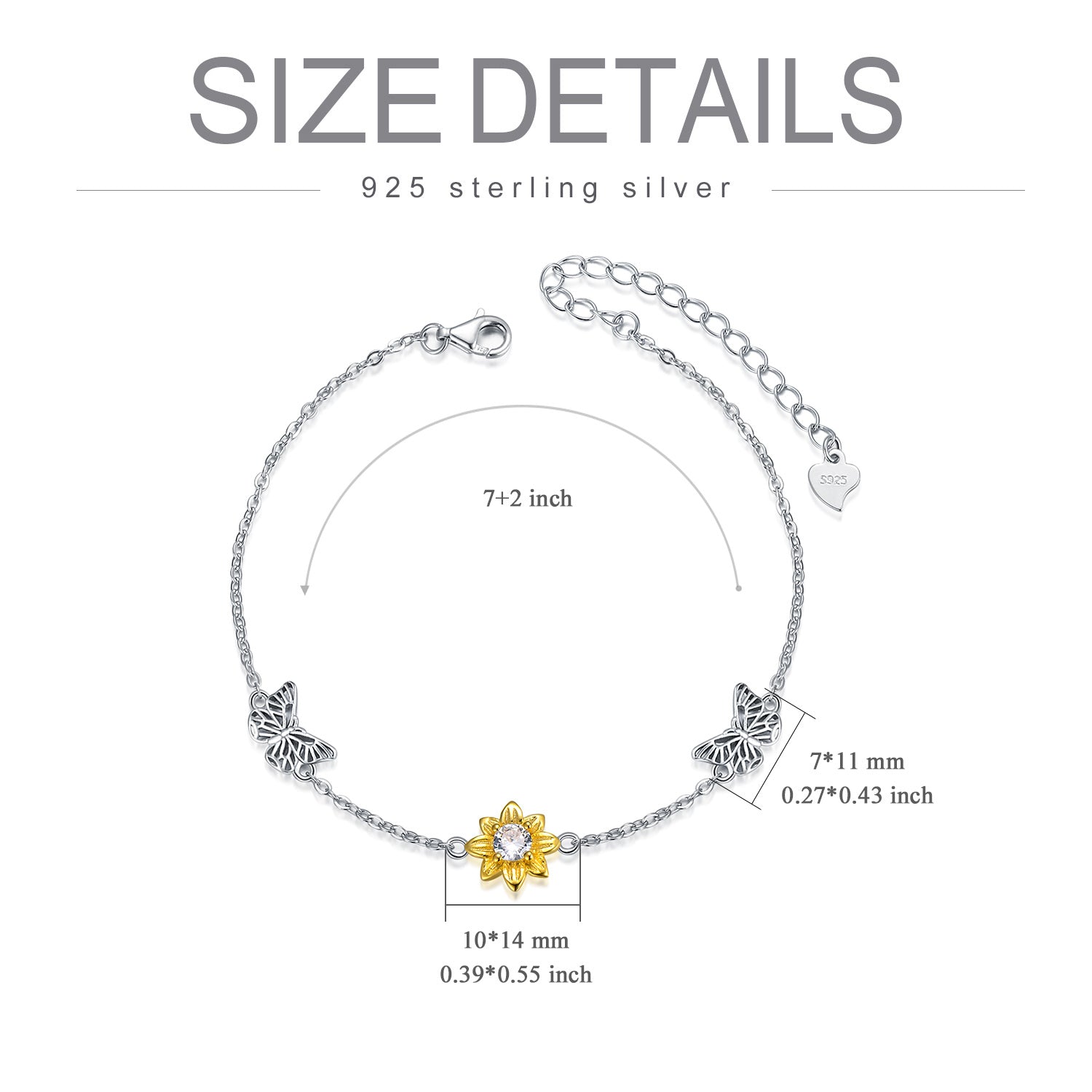 Sterling Silver Two-tone Circular Shaped Cubic Zirconia Butterfly & Sunflower Charm Bracelet