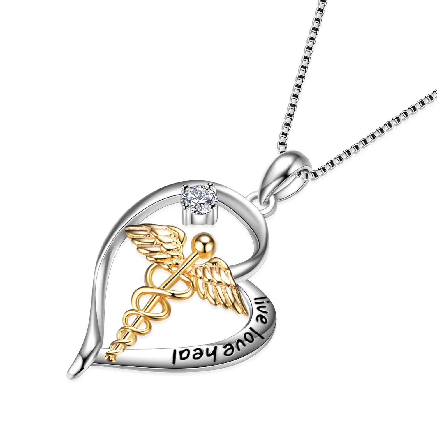 Sterling Silver Two-tone Circular Shaped Cubic Zirconia Caduceus & Heart Pendant Necklace with Engraved Word