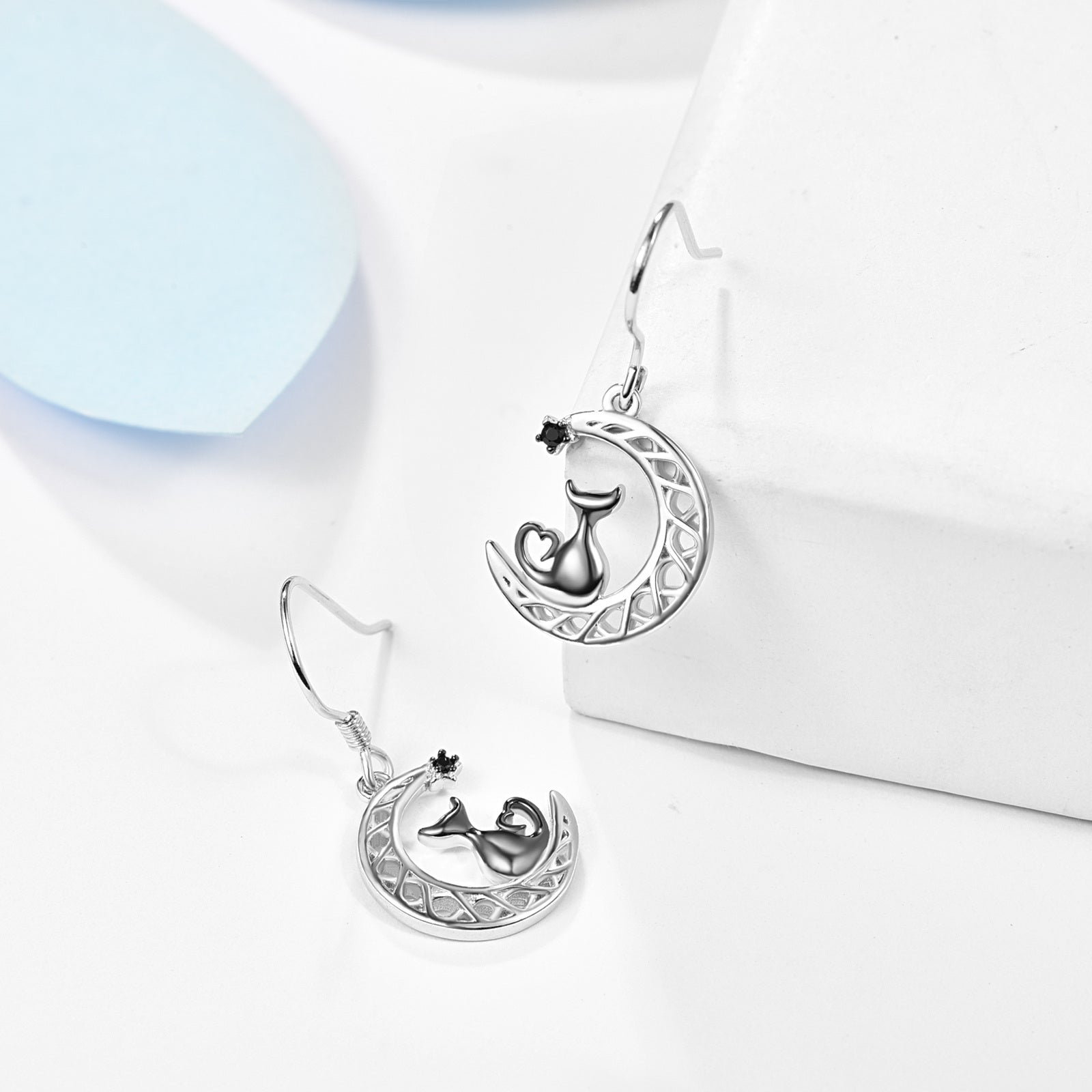 Sterling Silver Two-Tone Circular Cubic Zirconia Cat & Celtic Knot Moon Drop Earrings For Women Best Friends
