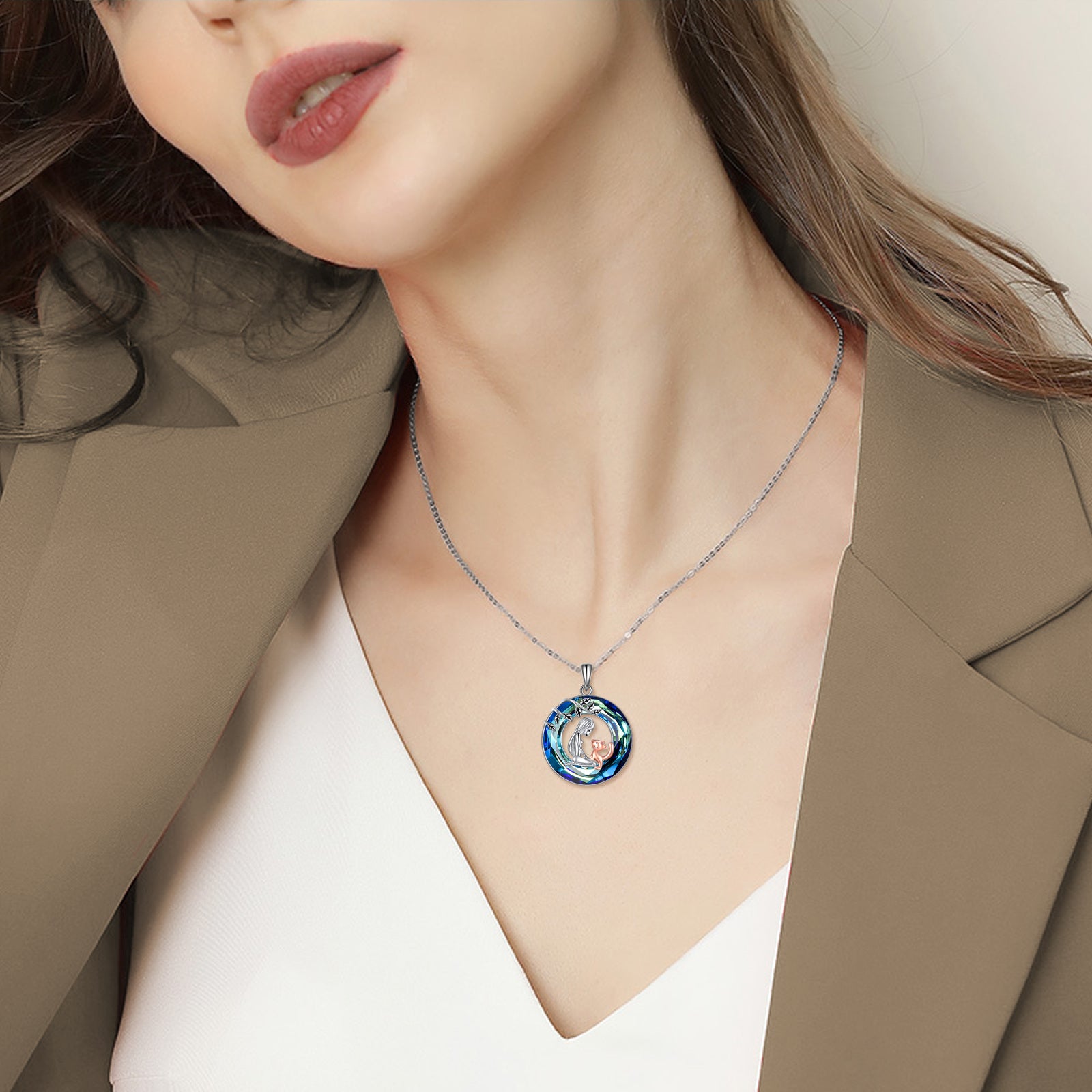 Sterling Silver Two-tone Circular Shaped Cat Crystal Pendant Necklace