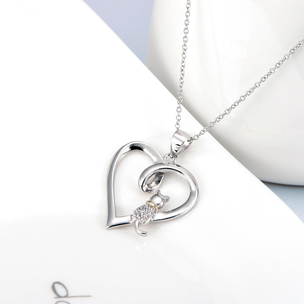 Sterling Silver Two-tone Circular Shaped Cubic Zirconia Cat & Heart Pendant Necklace