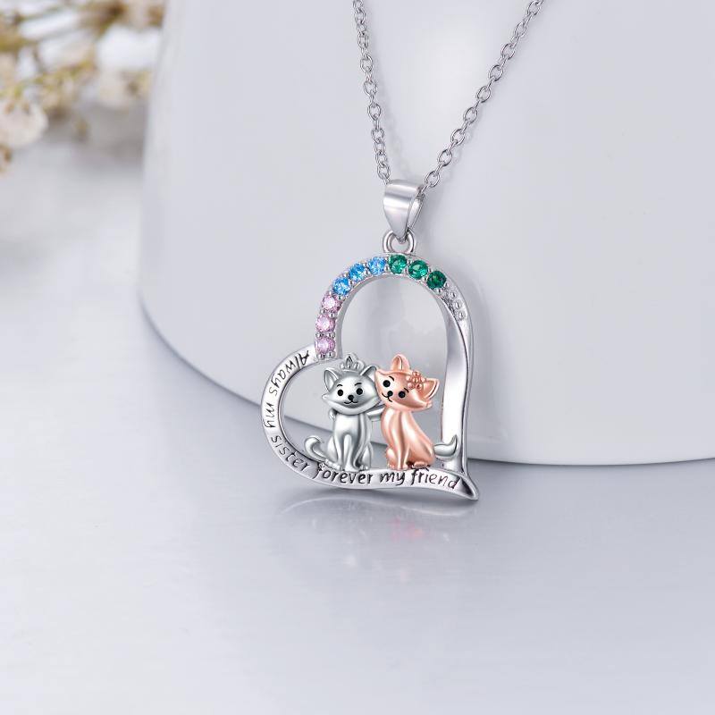 Sterling Silver Two-Tone Cz Heart Cats Pendant Necklace Jewelry Gift For Sisters