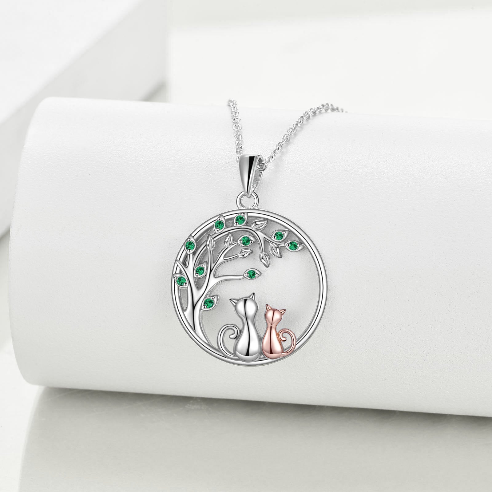 Sterling Silver Two-tone Circular Shaped Cubic Zirconia Cat & Tree Of Life Pendant Necklace