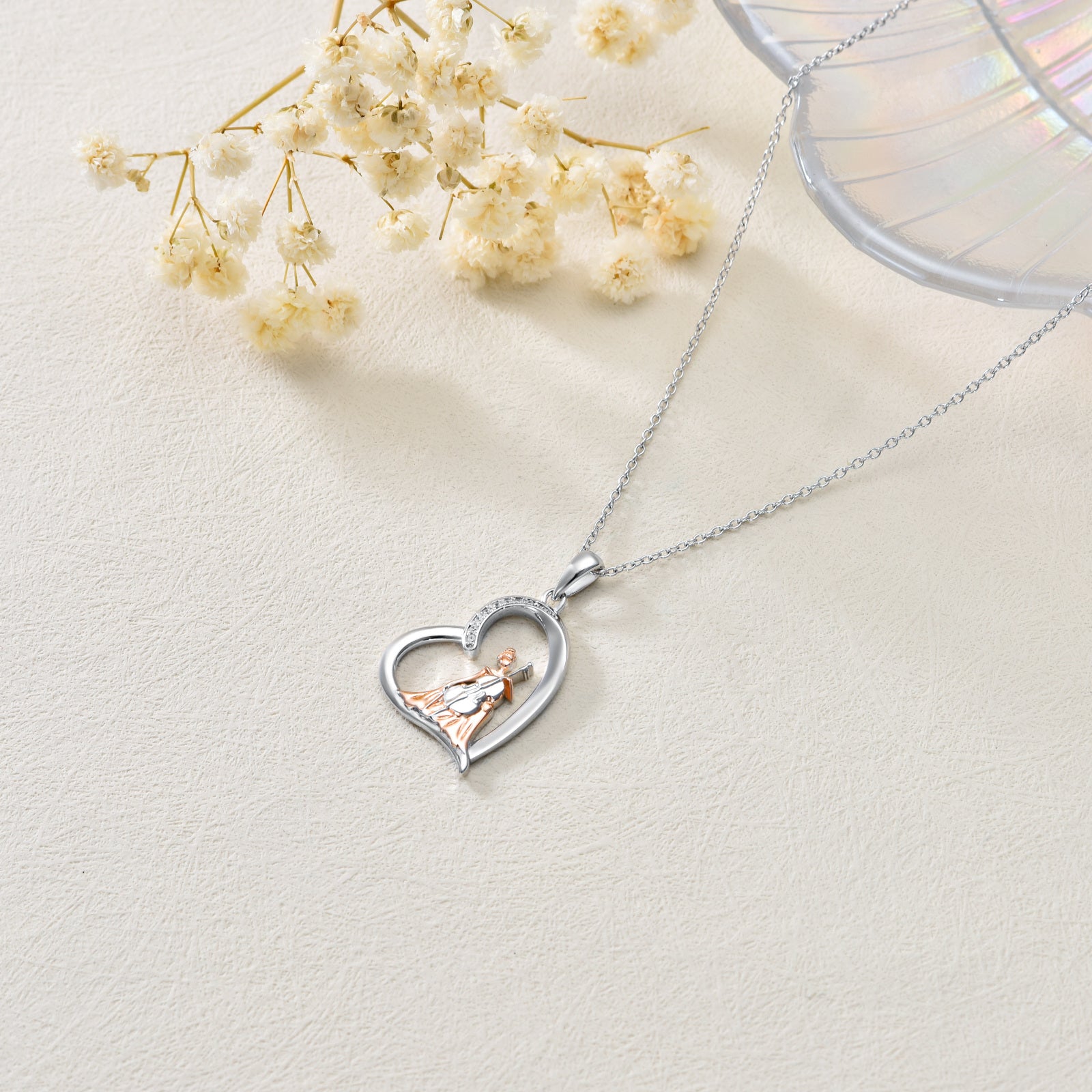 Sterling Silver Two-tone Circular Shaped Cubic Zirconia Cello & Heart Pendant Necklace