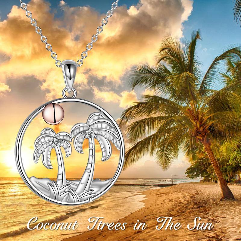 Sterling Silver Two-tone Circular Shaped Cubic Zirconia Coconut Tree Pendant Necklace