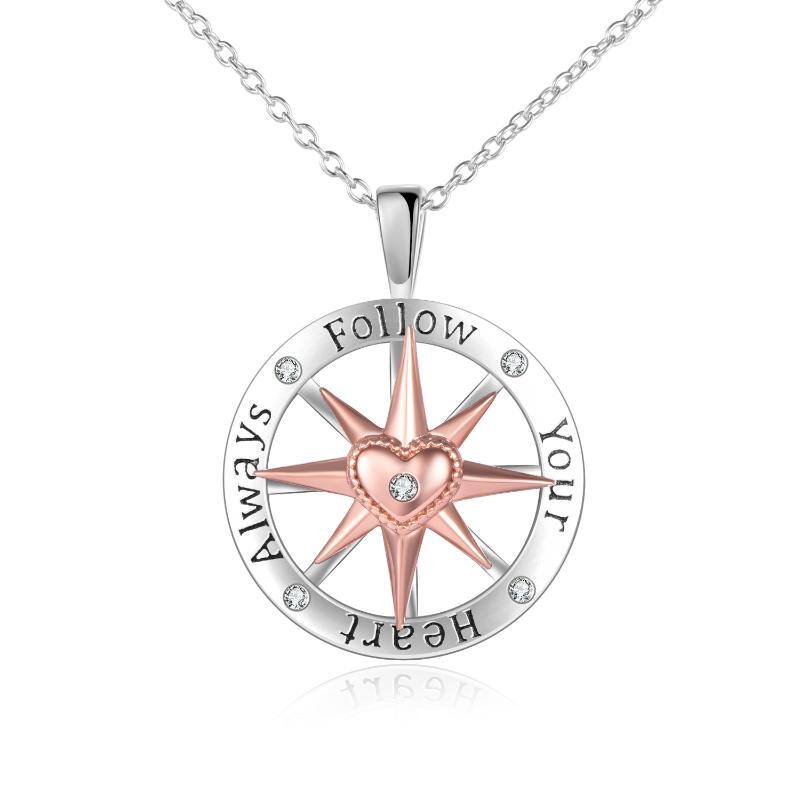 Sterling Silver Two-tone Circular Shaped Cubic Zirconia Compass Pendant Necklace