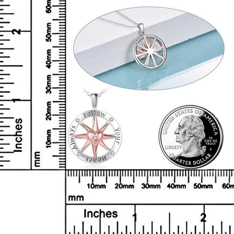 Sterling Silver Two-tone Circular Shaped Cubic Zirconia Compass Pendant Necklace