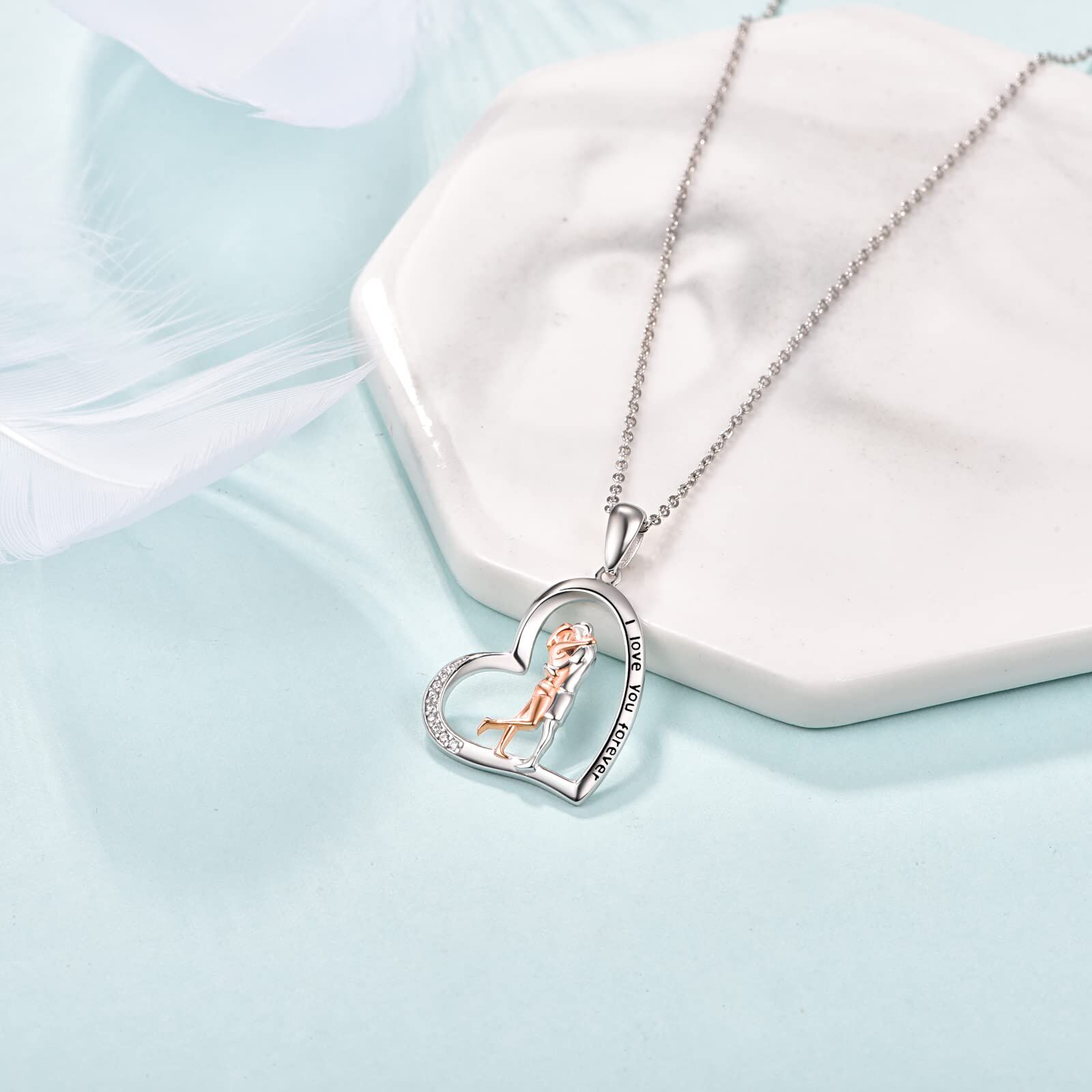 Sterling Silver Two-tone Circular Shaped Cubic Zirconia Couple & Heart Pendant Necklace with Engraved Word