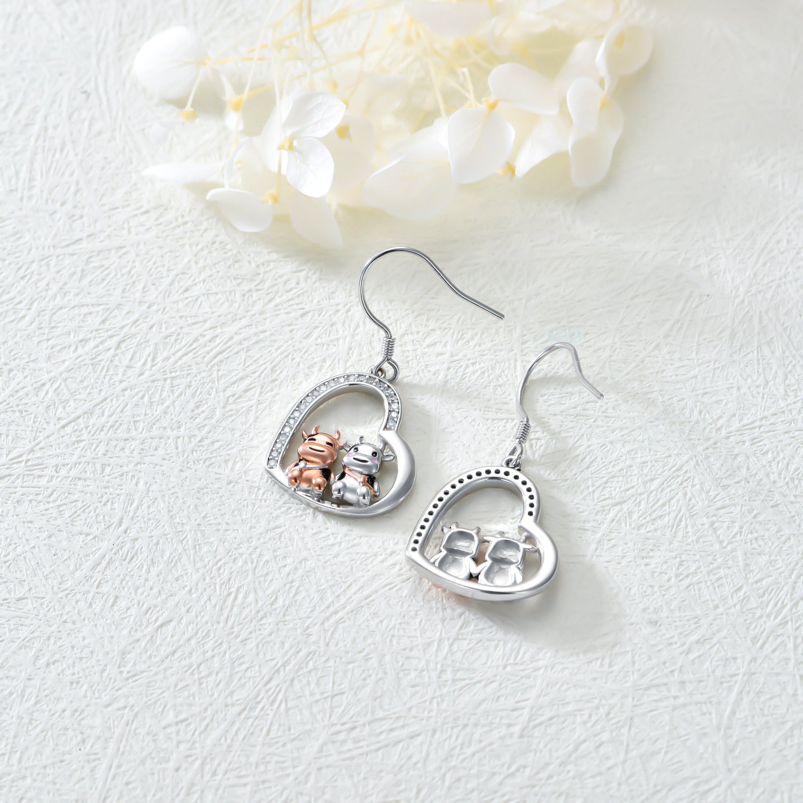 Sterling Silver Two-tone Circular Shaped Cubic Zirconia Cow & Heart Drop Earrings