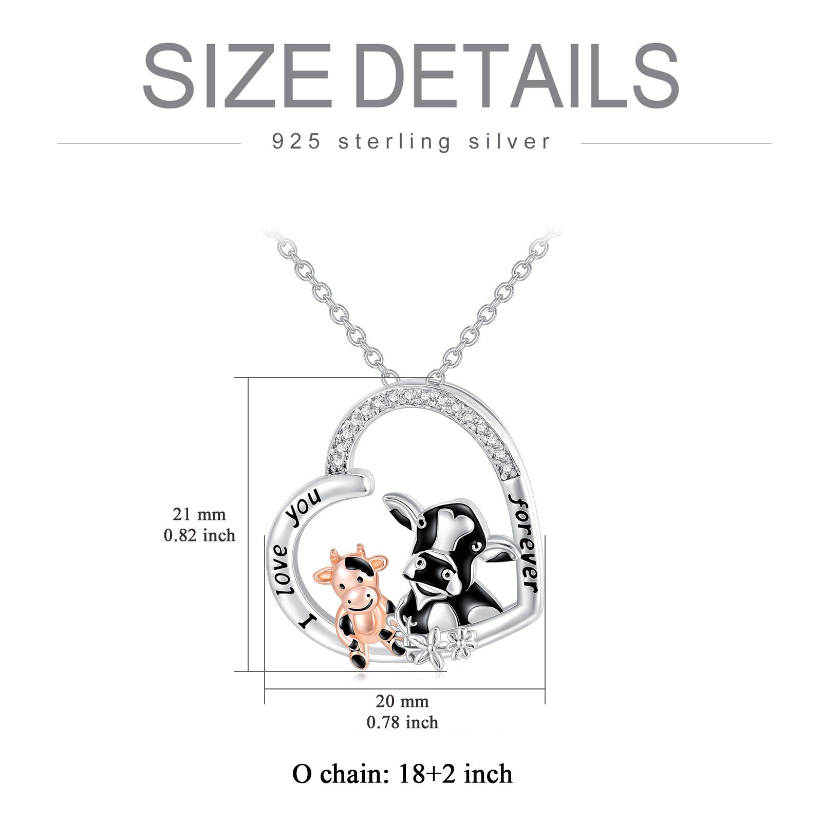 Sterling Silver Two-tone Circular Shaped Cubic Zirconia Cow & Heart Pendant Necklace with Engraved Word