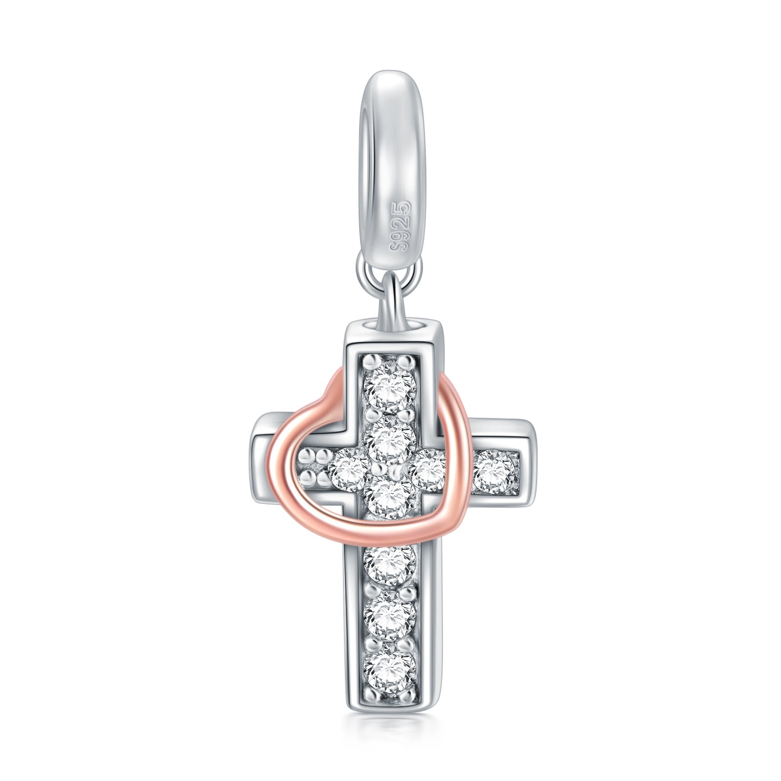 Sterling Silver Two-tone Circular Shaped Cubic Zirconia Cross & Heart Dangle Charm with Engraved Word