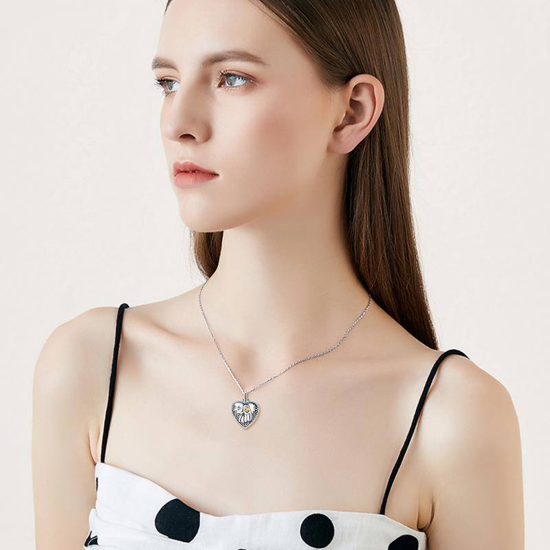 Sterling Silver Two-tone Circular Shaped Crystal Cat & Heart Urn Necklace for Ashes with Engraved Word