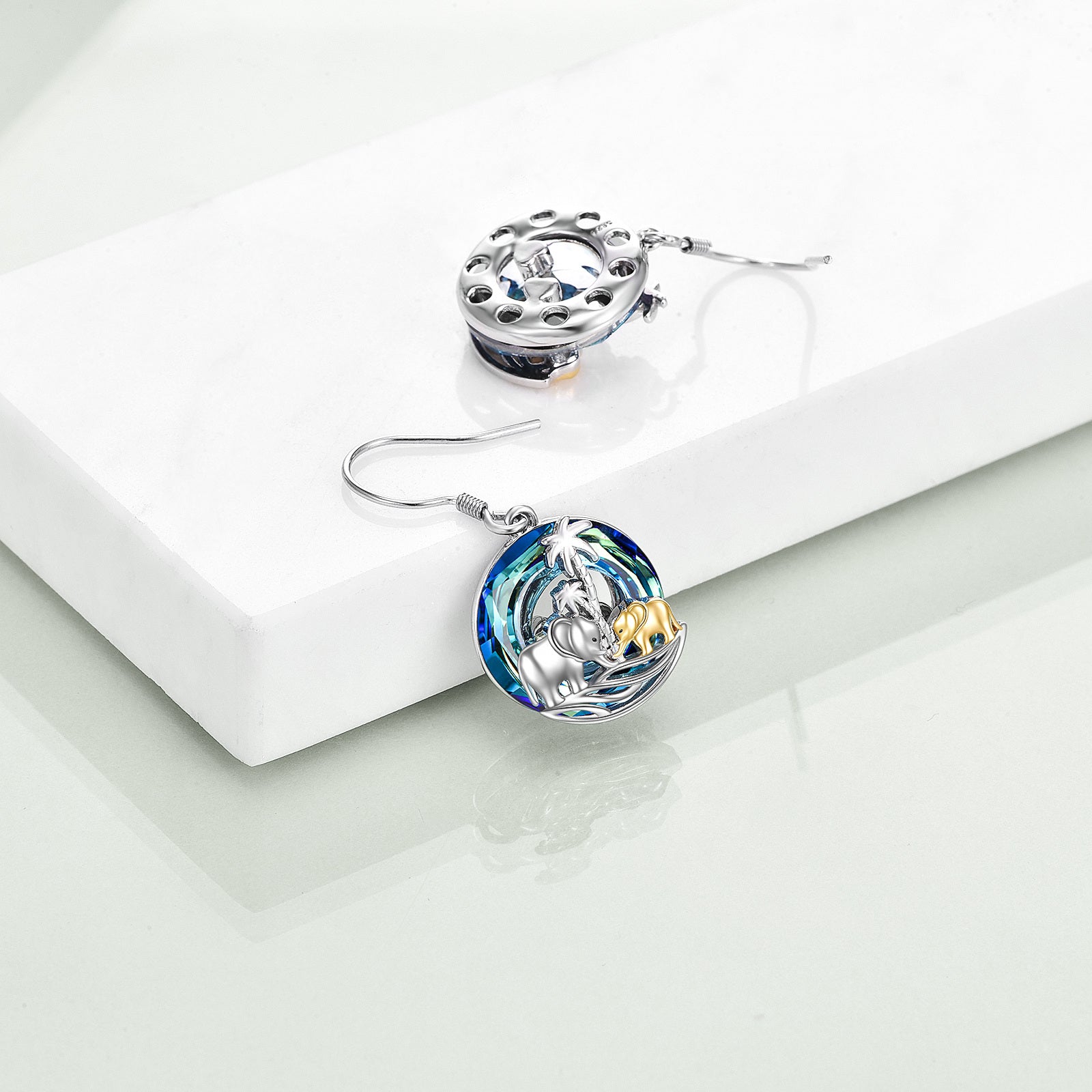 Sterling Silver Two-tone Circular Shaped Crystal Elephant & Coconut Tree Drop Earrings