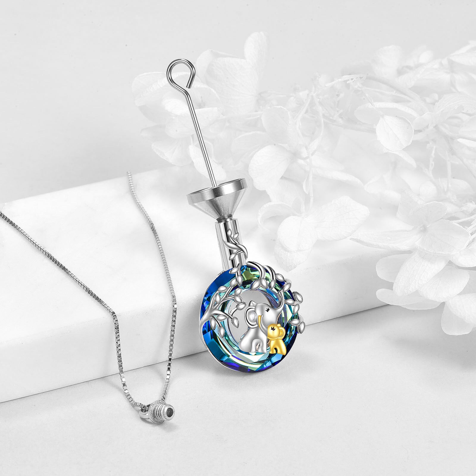 Sterling Silver Two-tone Circular Shaped Crystal Elephant & Leaves Urn Necklace for Ashes