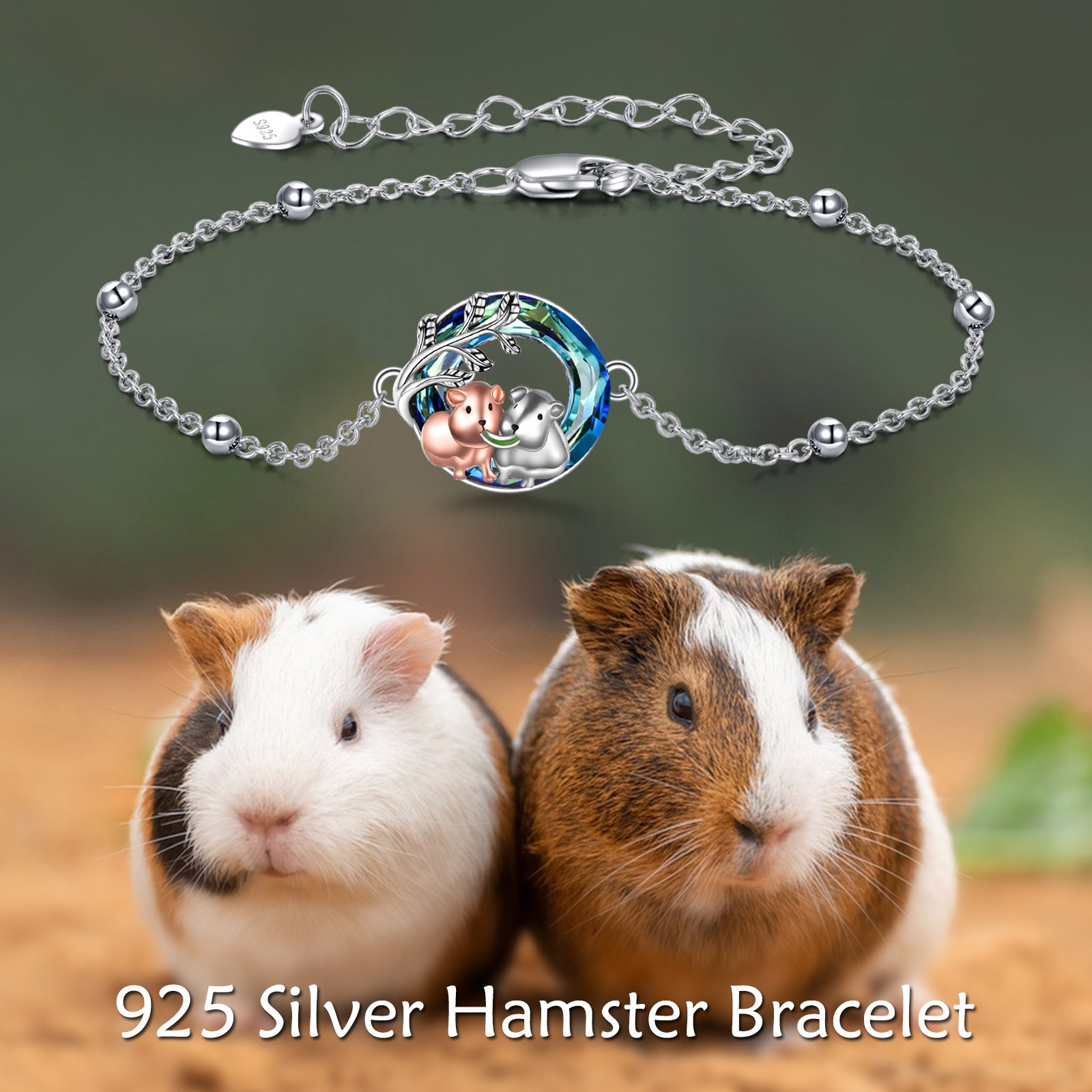 Sterling Silver Two-tone Circular Shaped Crystal Hamster Charm Bracelet