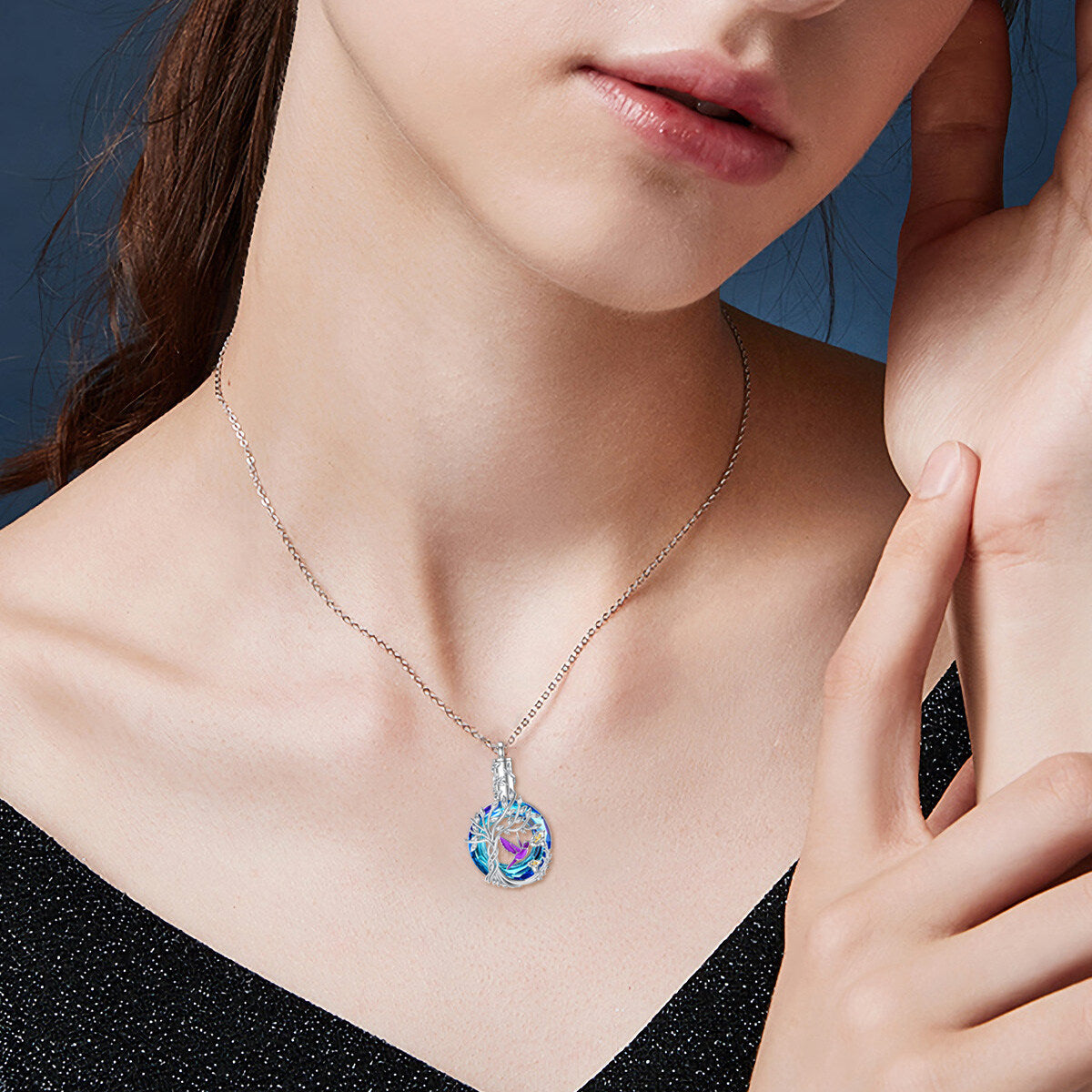 Sterling Silver Two-tone Circular Shaped Crystal Hummingbird & Tree Of Life Urn Necklace for Ashes