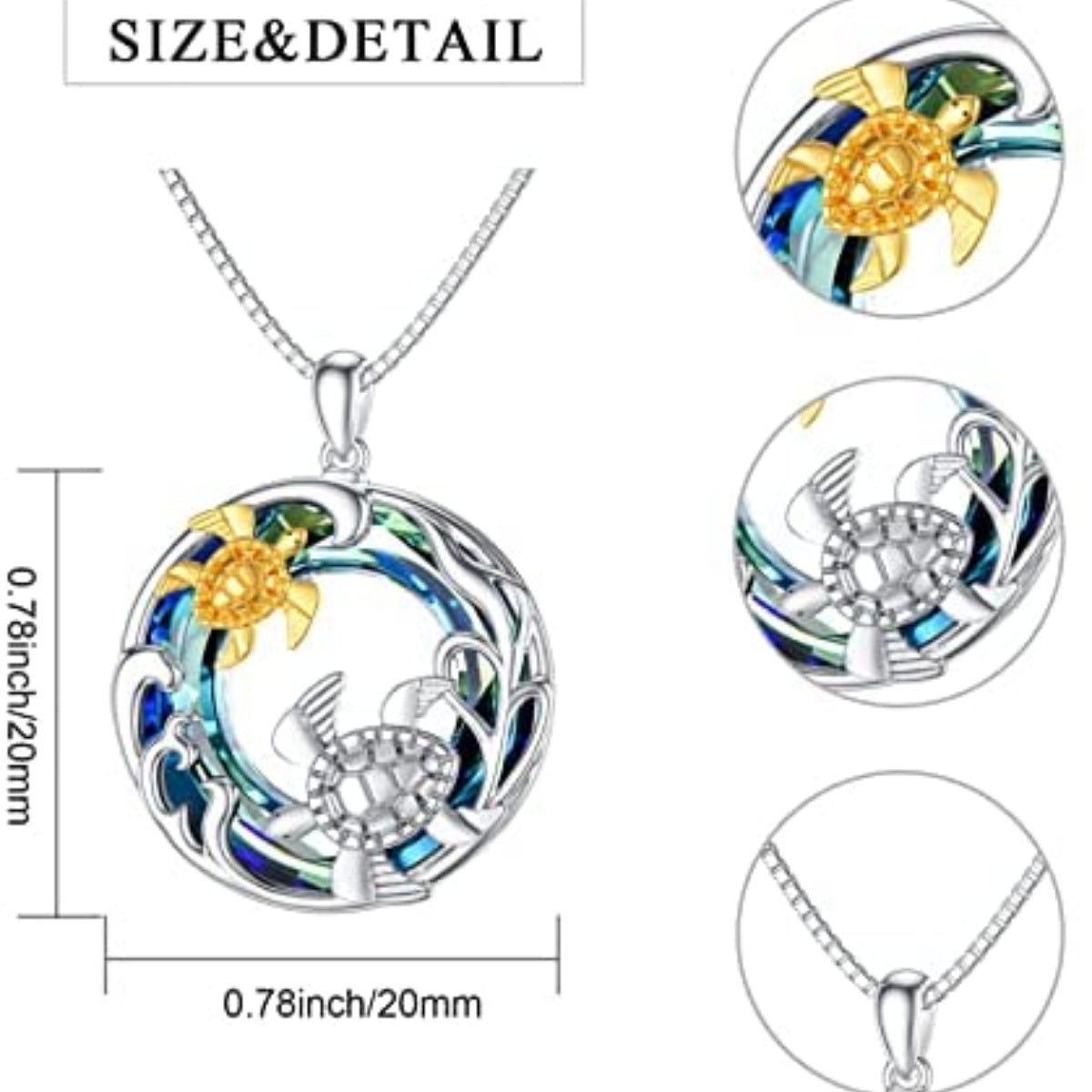 Sterling Silver Two-tone Circular Shaped Crystal Tortoise Pendant Necklace