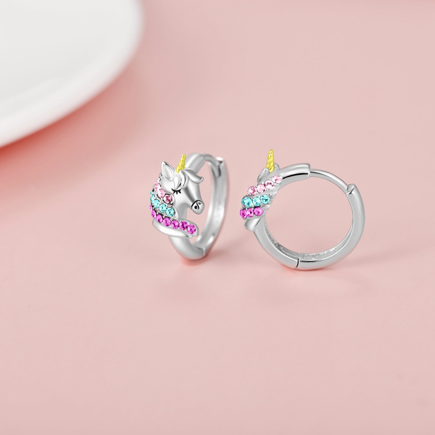 Sterling Silver Two-tone Circular Shaped Crystal Unicorn Hoop Earrings