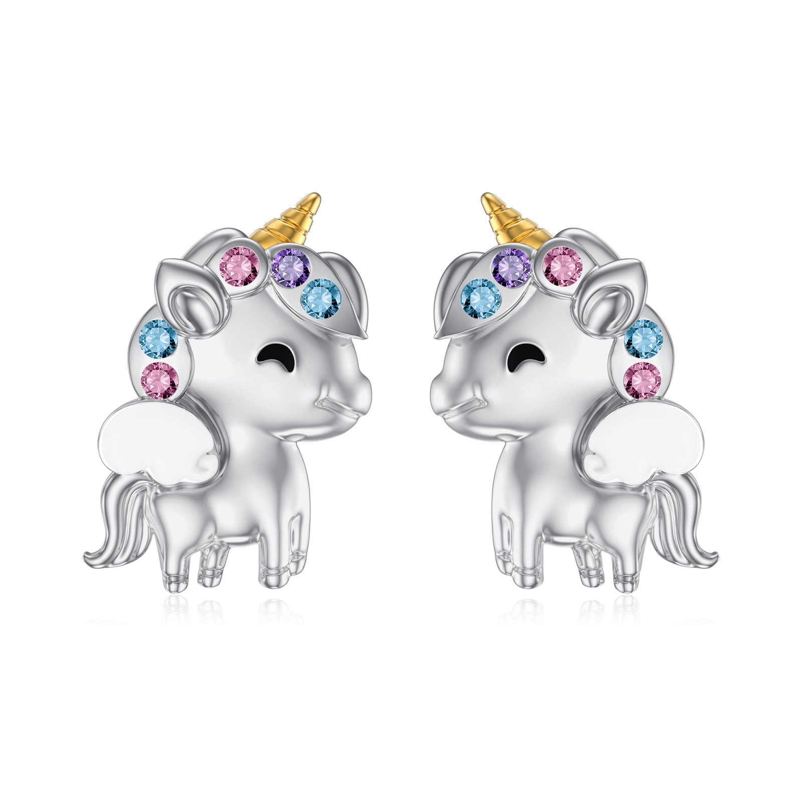 Sterling Silver Two-tone Circular Shaped Crystal Unicorn Stud Earrings