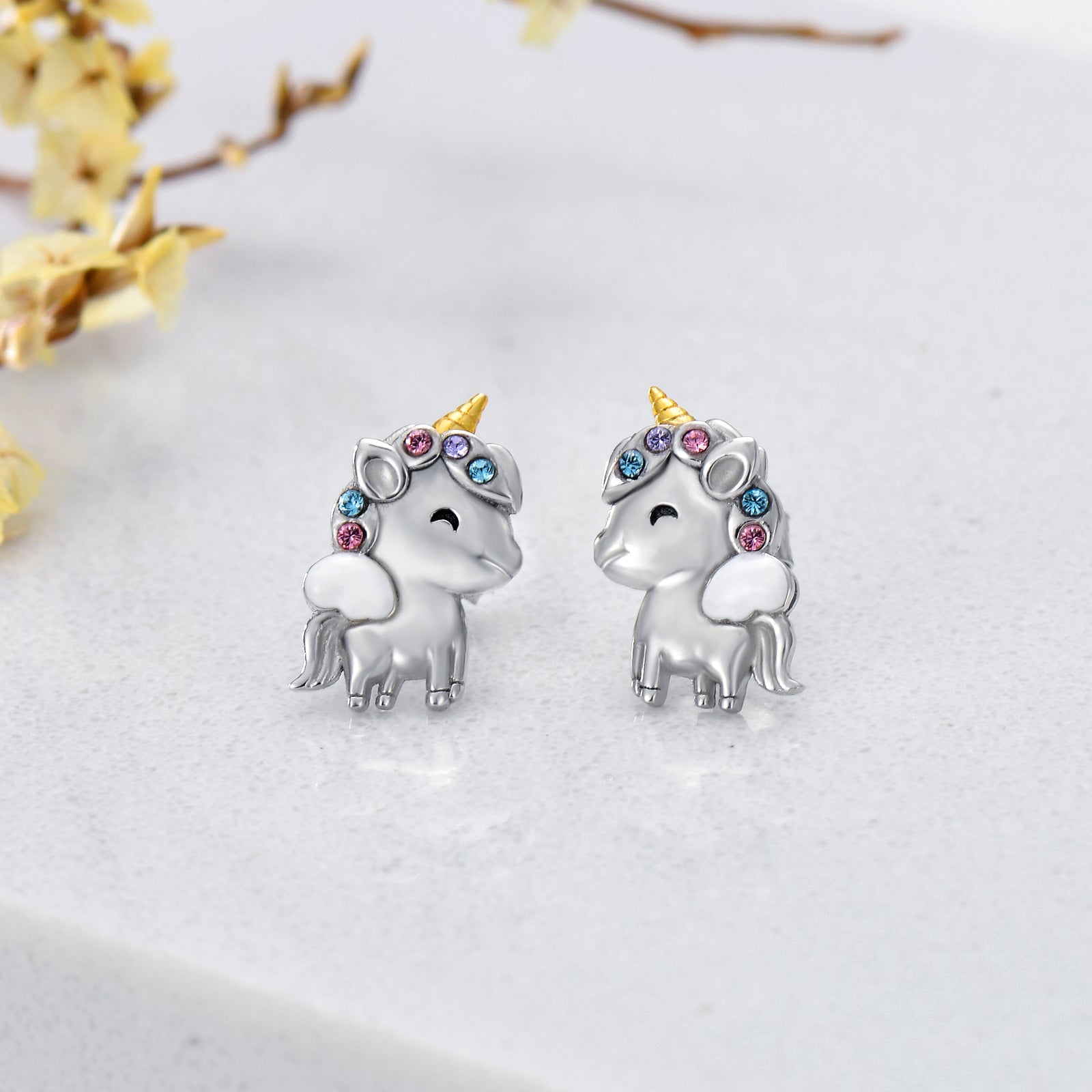 Sterling Silver Two-tone Circular Shaped Crystal Unicorn Stud Earrings