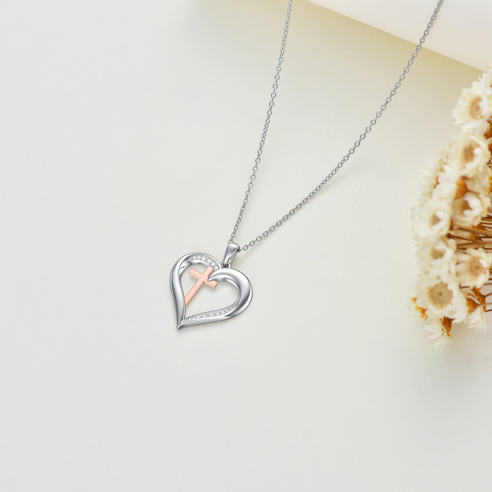 Sterling Silver Two-tone Circular Shaped Diamond Cross & Heart Pendant Necklace