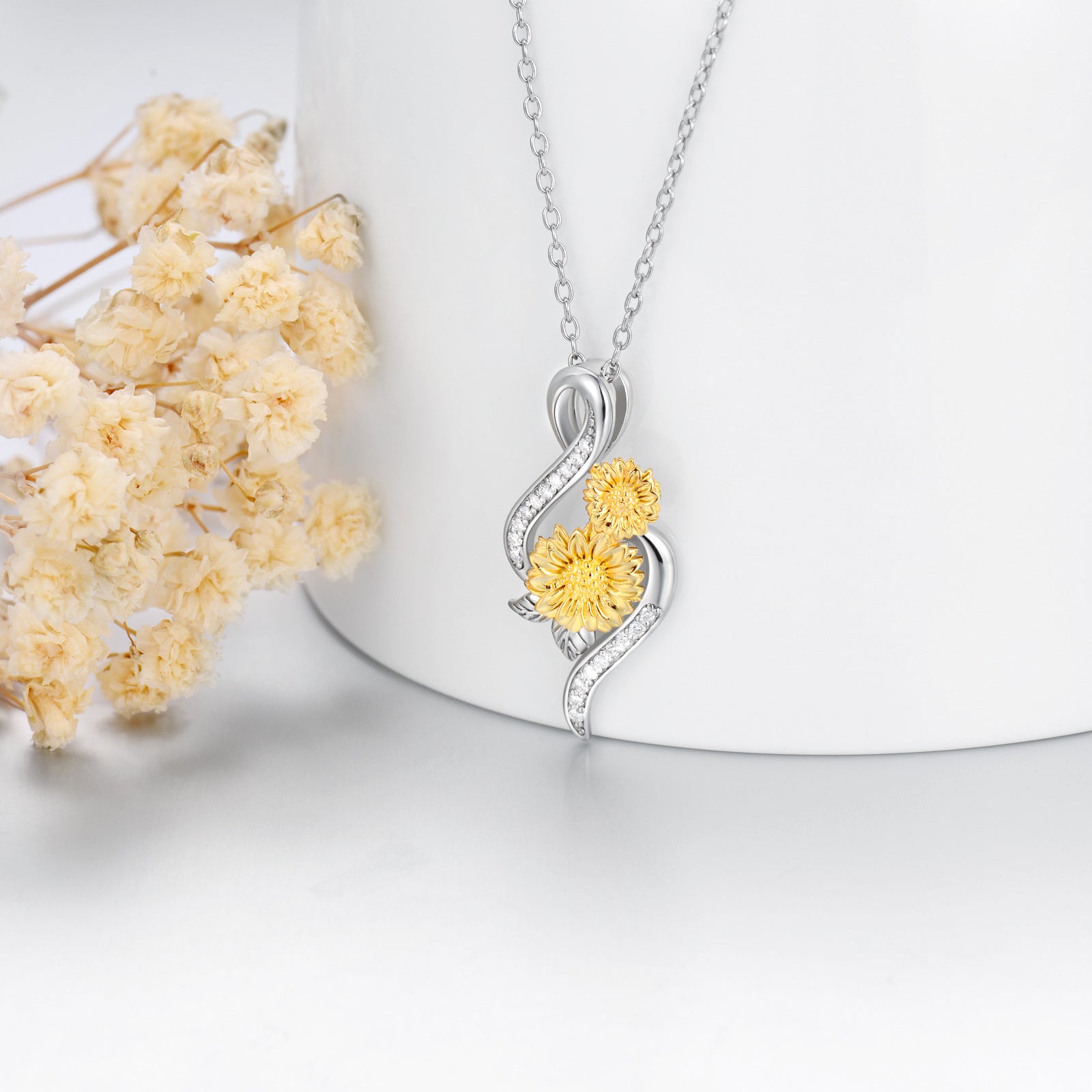 Sterling Silver Two-tone Circular Shaped Diamond Sunflower & Infinity Symbol Pendant Necklace