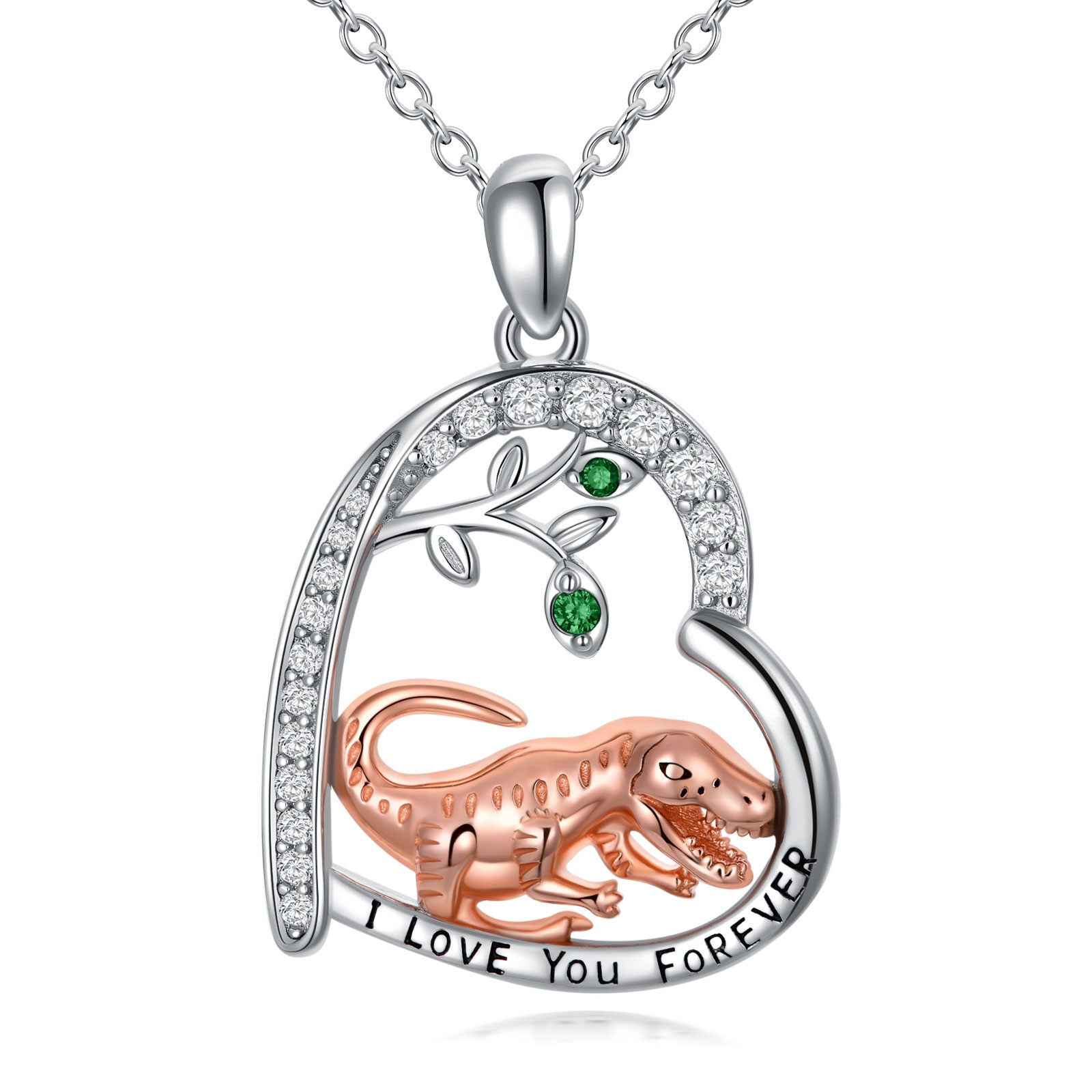 Sterling Silver Two-tone Circular Shaped Cubic Zirconia Dinosaurs Pendant Necklace