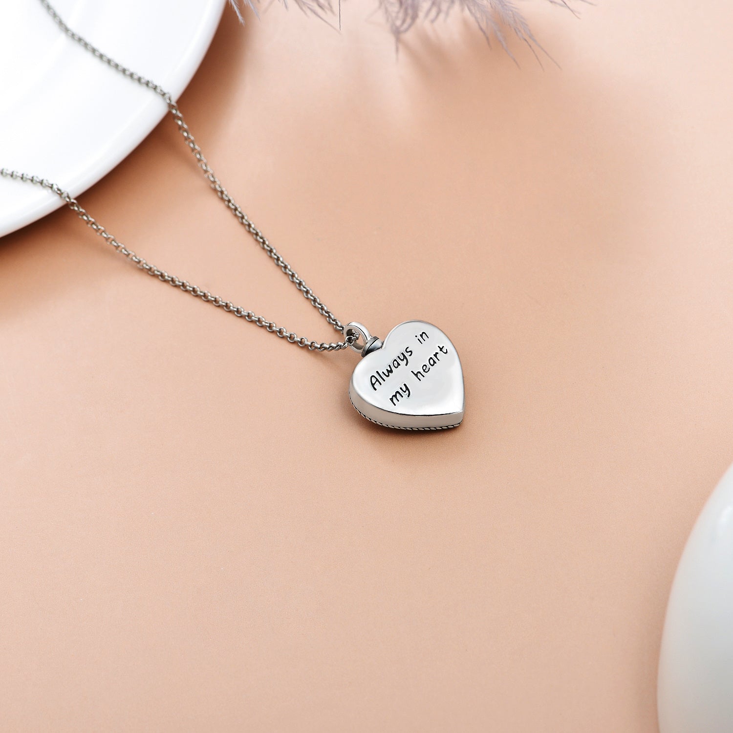 Sterling Silver Two-tone Circular Shaped Cubic Zirconia Dog & Heart Urn Necklace for Ashes with Engraved Word