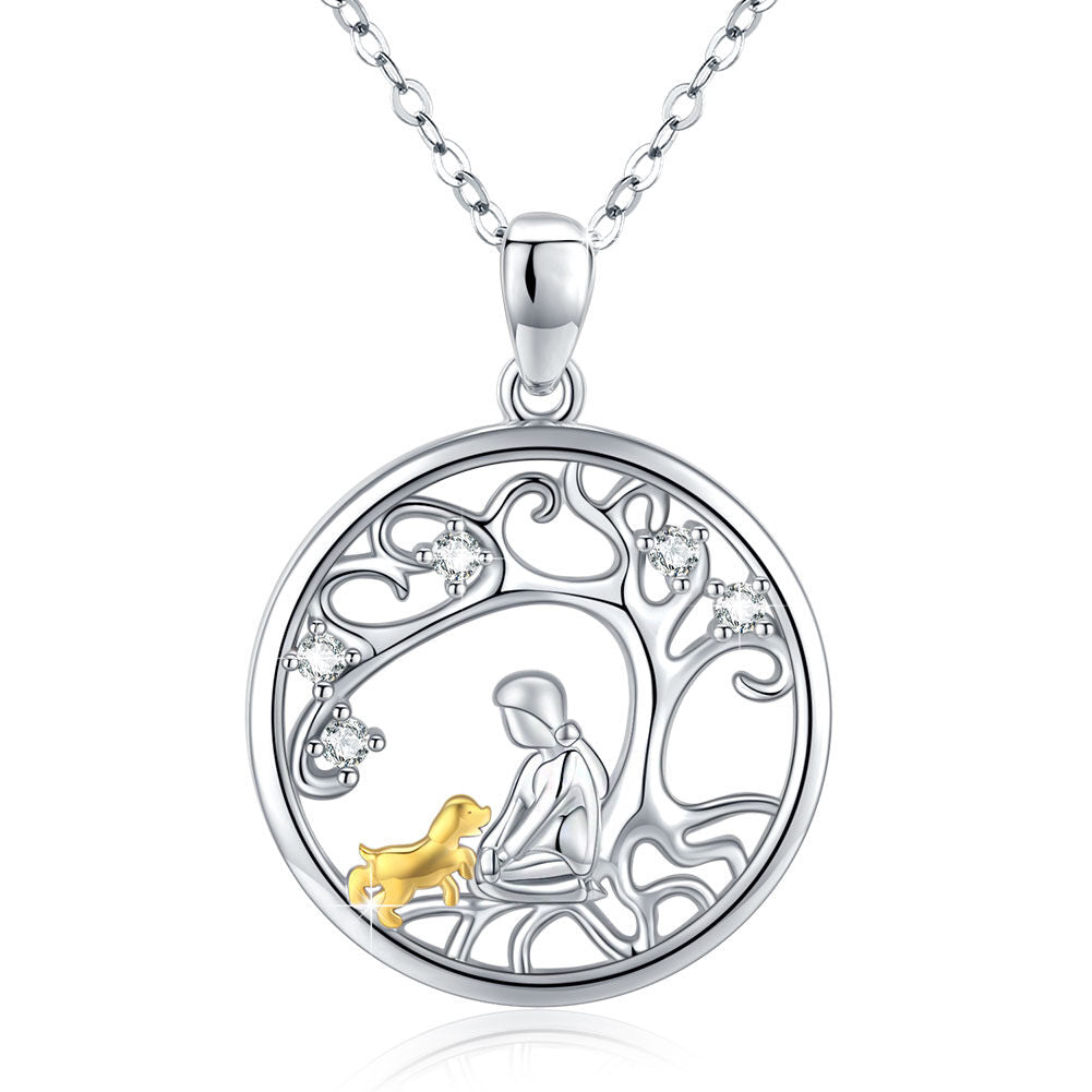 Sterling Silver Two-tone Circular Shaped Cubic Zirconia Dog Pendant Necklace