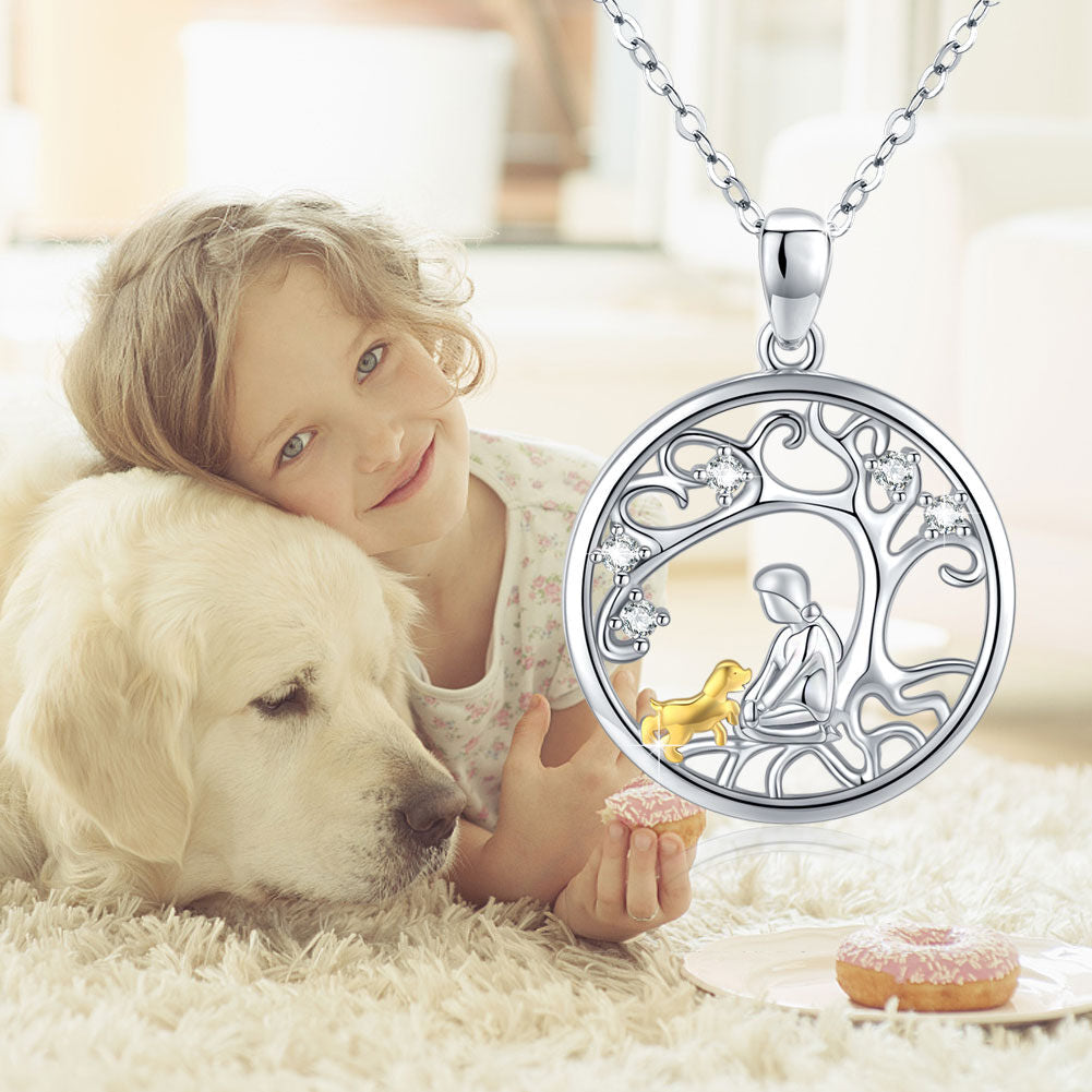 Sterling Silver Two-tone Circular Shaped Cubic Zirconia Dog Pendant Necklace
