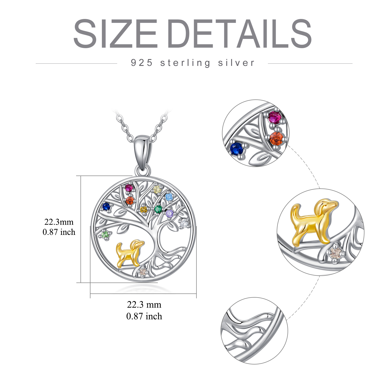 Sterling Silver Two-tone Circular Shaped Cubic Zirconia Dog & Tree Of Life Pendant Necklace