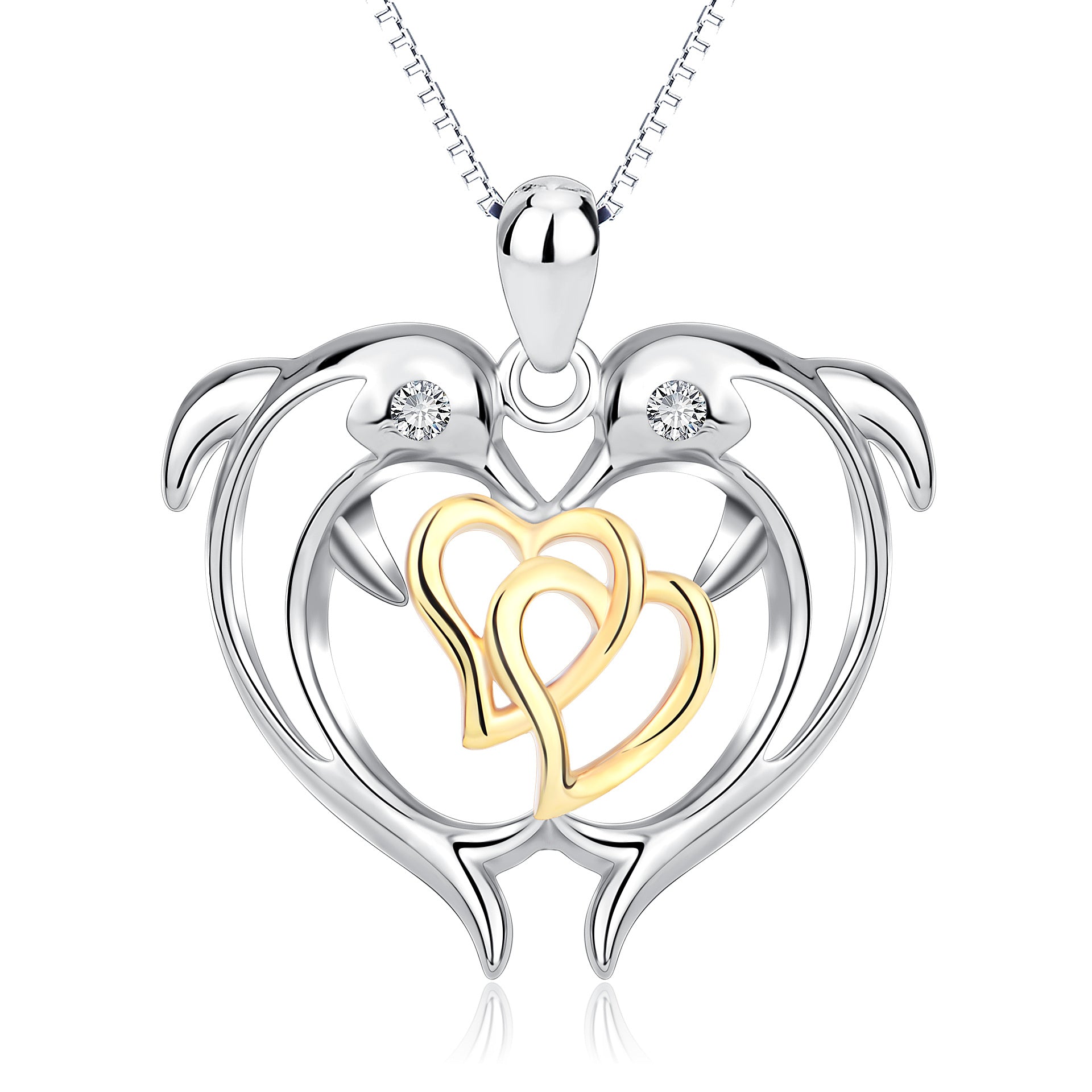 Sterling Silver Two-Tone Circular Cubic Zirconia Dolphin & Interlocking Hearts Pendant Necklace For Women