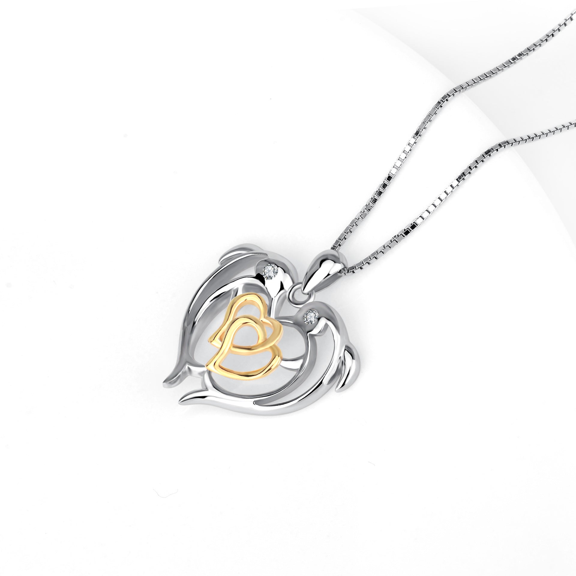 Sterling Silver Two-Tone Circular Cubic Zirconia Dolphin & Interlocking Hearts Pendant Necklace For Women