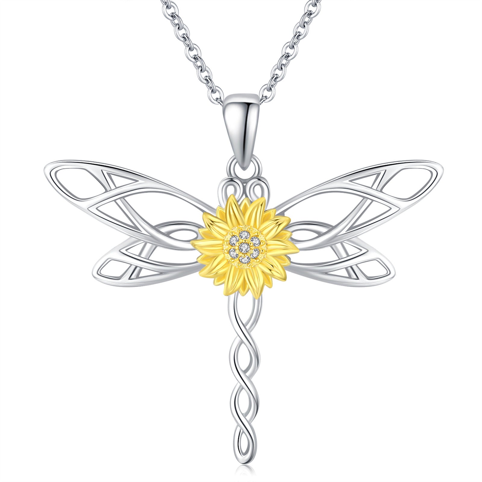 Sterling Silver Two-tone Circular Shaped Cubic Zirconia Dragonfly & Marigold Pendant Necklace