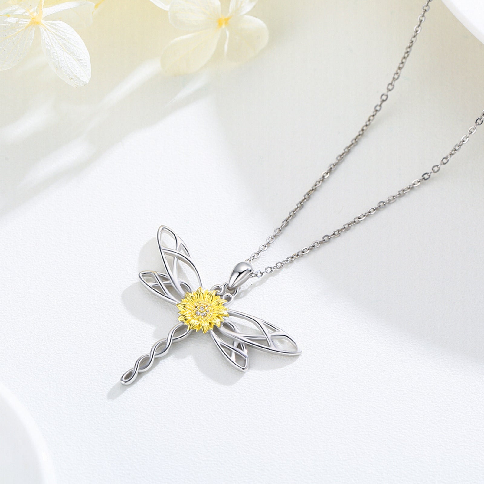 Sterling Silver Two-tone Circular Shaped Cubic Zirconia Dragonfly & Marigold Pendant Necklace
