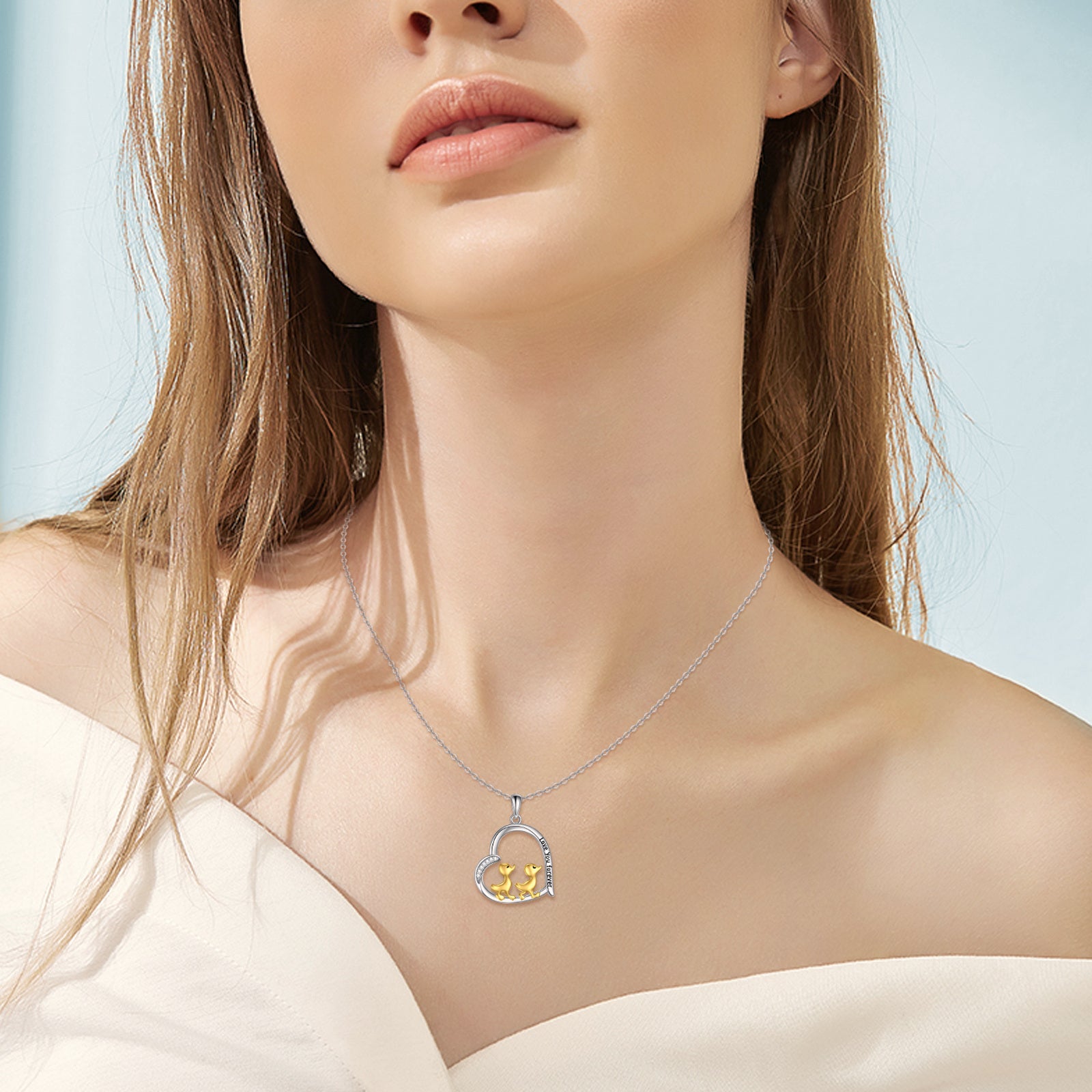 Sterling Silver Two-tone Circular Shaped Cubic Zirconia Duck & Heart Pendant Necklace with Engraved Word