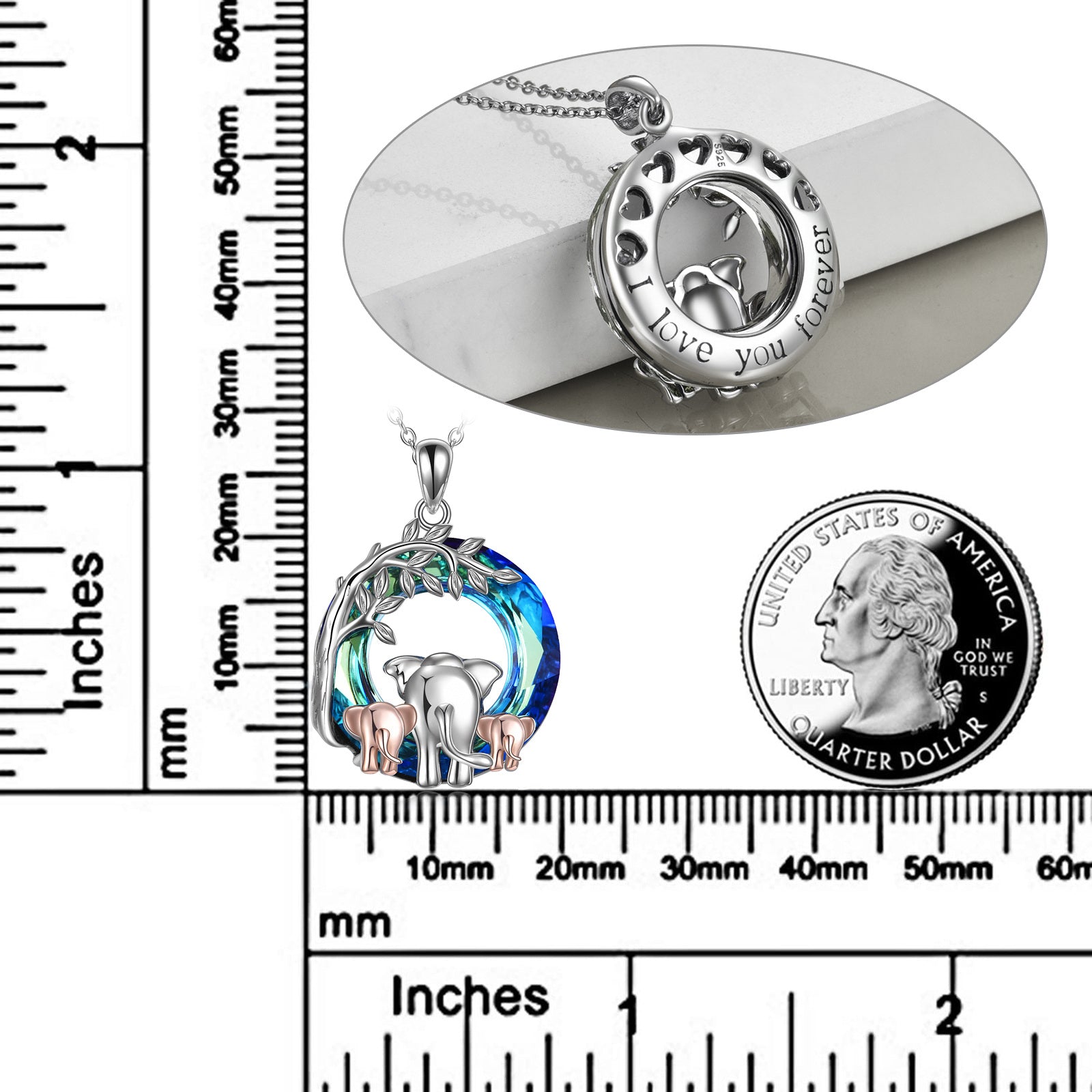 Sterling Silver Two-tone Circular Shaped Elephant Crystal Pendant Necklace with Engraved Word