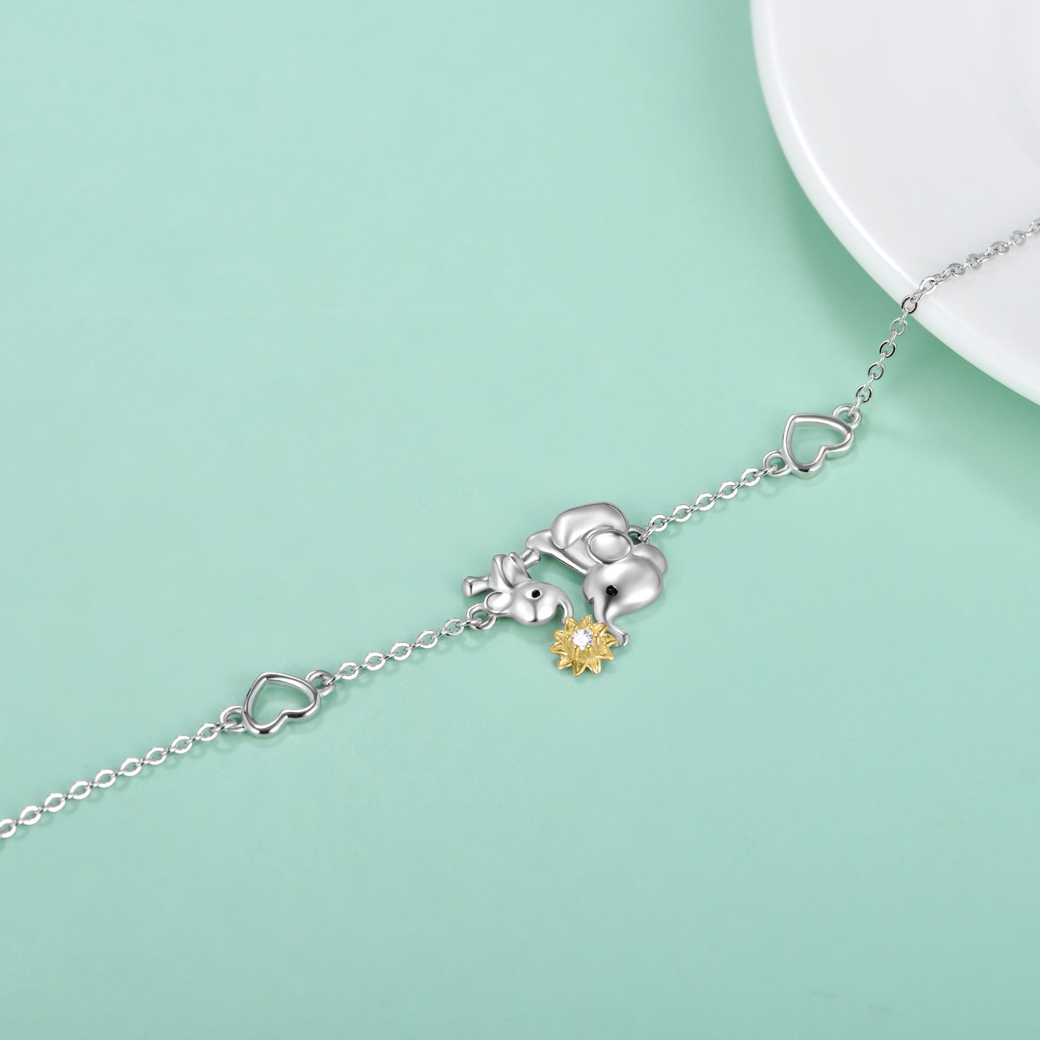 Sterling Silver Two-Tone Circular Cubic Zirconia Heart Elephant With Sunflower Charm Bracelet For Women