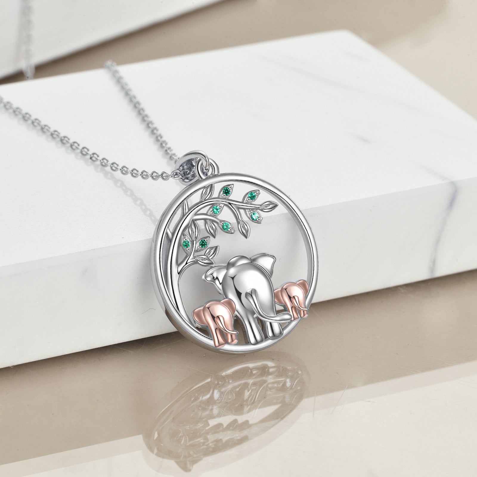 Sterling Silver Two-tone Circular Shaped Cubic Zirconia Elephant & Tree Of Life Pendant Necklace