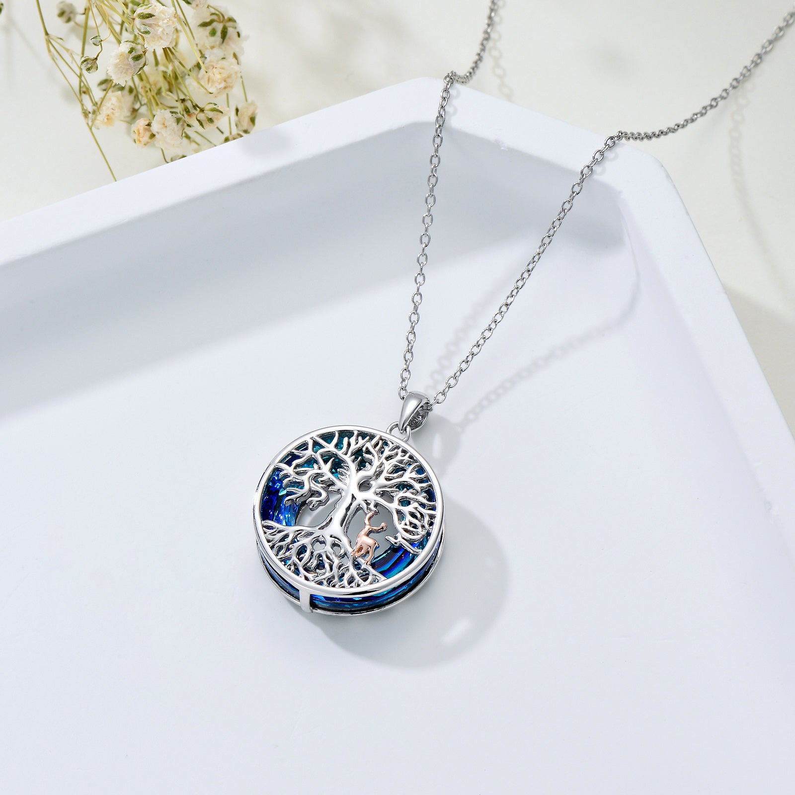 Sterling Silver Two-tone Circular Shaped Elk & Tree Of Life Crystal Pendant Necklace