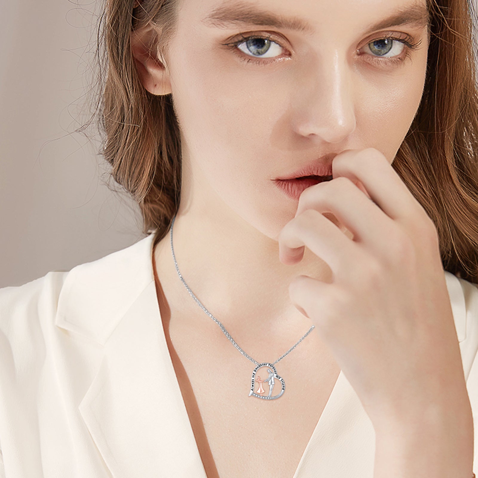 Sterling Silver Two-Tone Circular Cubic Zirconia Father With Daughter Heart Pendant Necklace With Engraved Word For Women