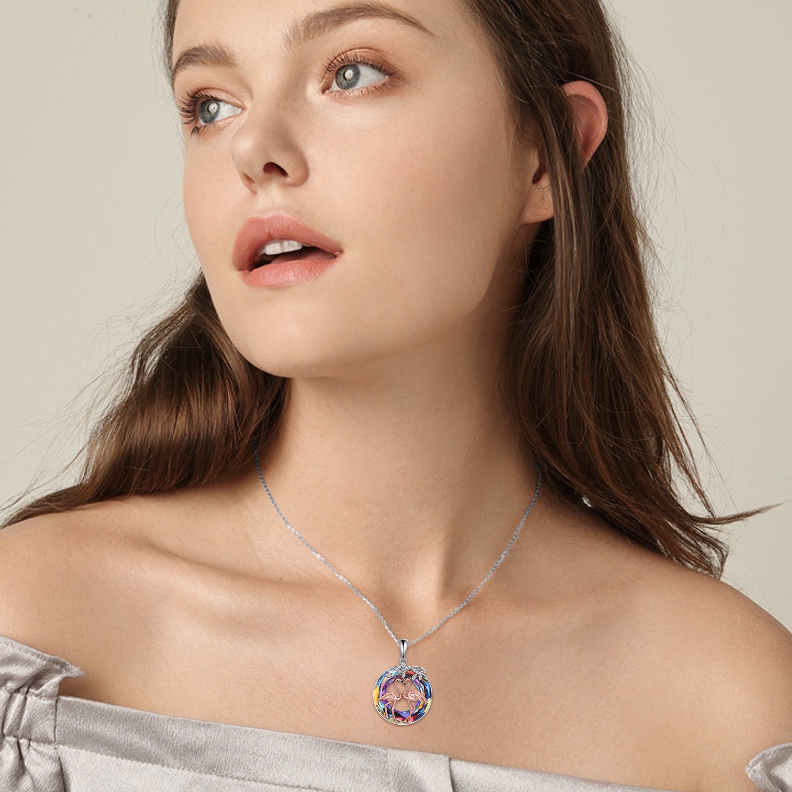 Sterling Silver Two-tone Circular Shaped Flamingo Crystal Pendant Necklace