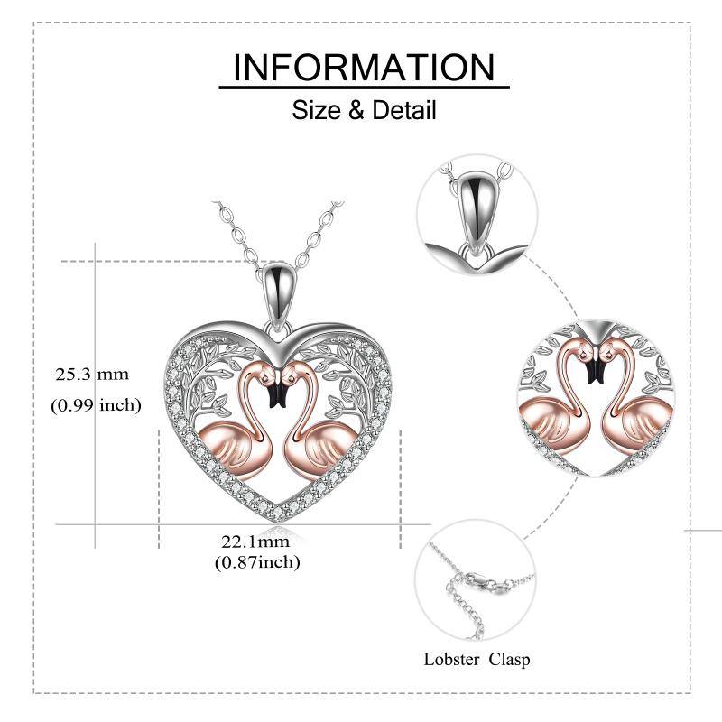 Sterling Silver Two-tone Circular Shaped Cubic Zirconia Flamingo & Leaves Pendant Necklace