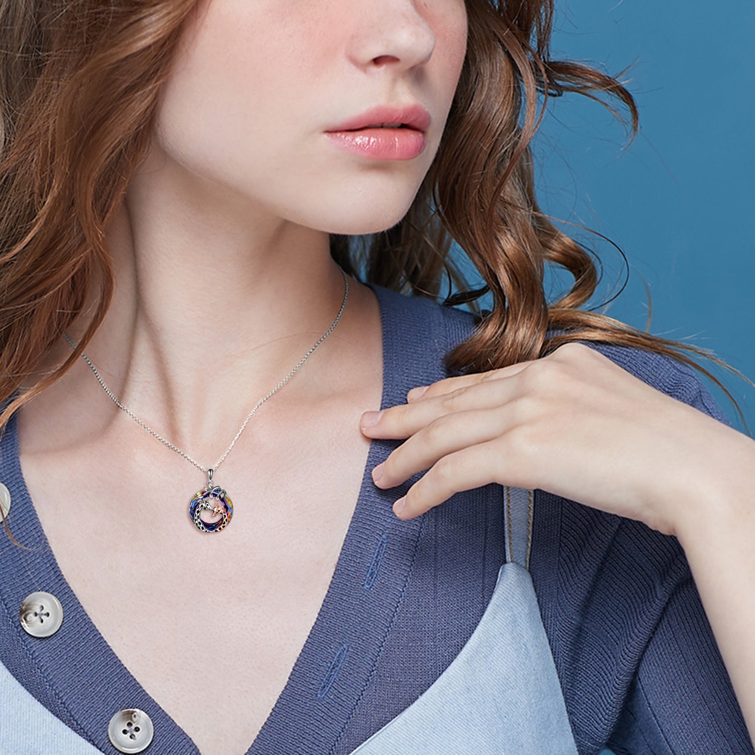Sterling Silver Two-tone Circular Shaped Giraffe Crystal Pendant Necklace