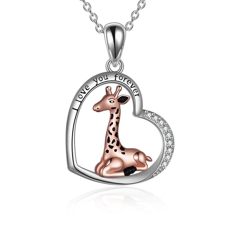Sterling Silver Two-tone Circular Shaped Cubic Zirconia Giraffe & Heart Pendant Necklace with Engraved Word