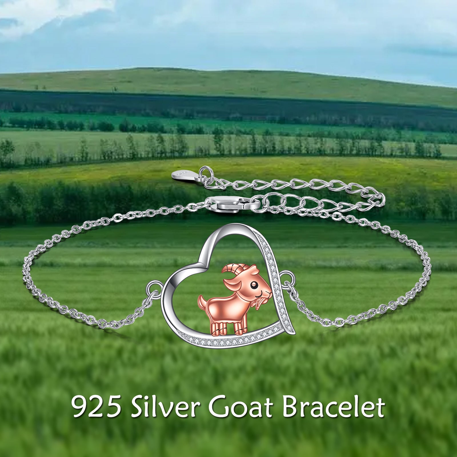Sterling Silver Two-tone Circular Shaped Cubic Zirconia Goat & Heart Charm Bracelet